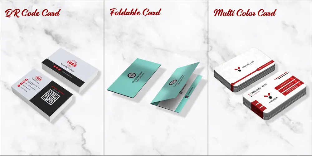 Customized business cards with unique shapes, colors, and branding