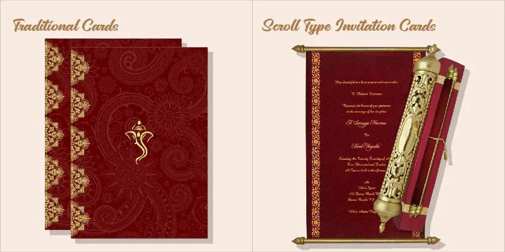 Elegant traditional wedding invitation cards with classic Indian designs
