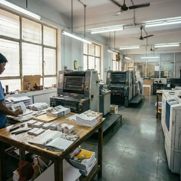 Commercial printing workflow with offset and digital machines in a professional print facility in Chennai.